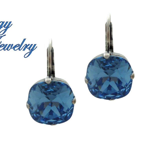 ICE BLUE Cushion Cut Crystal Solitaire Earrings made with Austrian Crystals - Picture 4 of 7